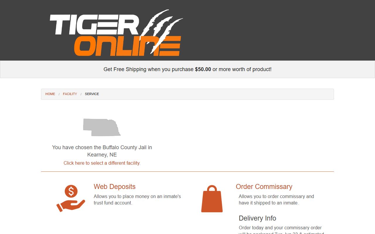 Tiger Commissary web deposits and commissary orders for Buffalo County Jail